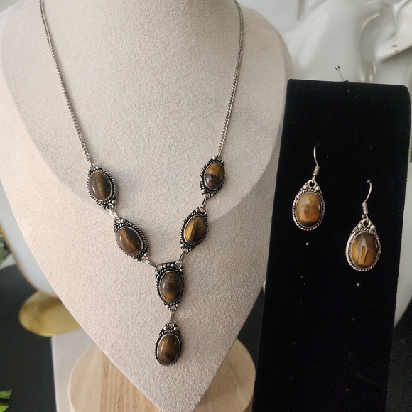 925 Silver Plated 20" Chain Necklace Matching Earrings with Tiger Eye Stones - Picture 3 of 9